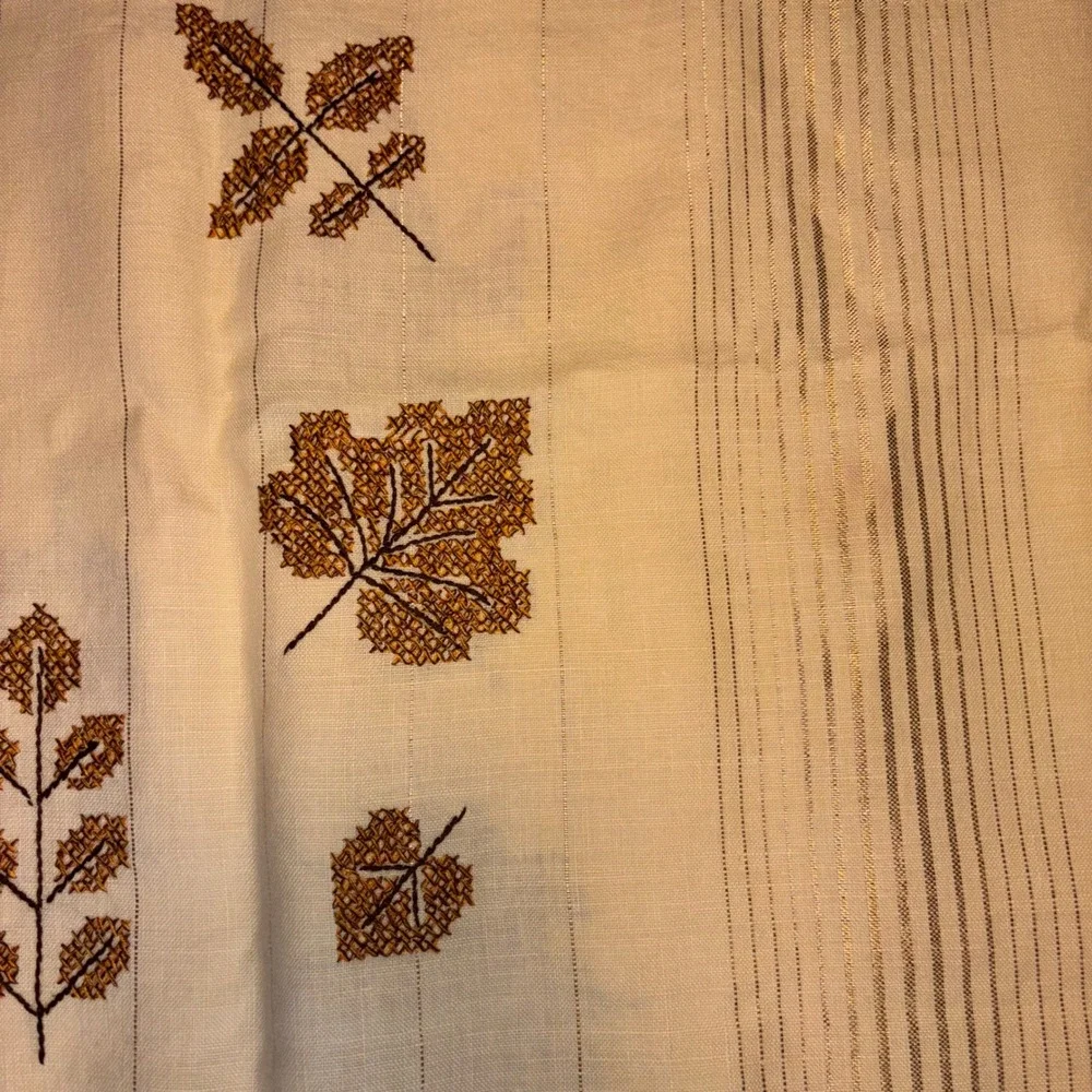 Vintage Embroidered Fall Leaf Table Cloth 60x75 Cream Gold Pinstripe Harvest